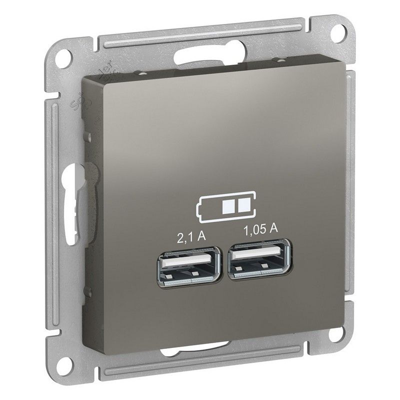 AtlasDesign Сталь Розетка USB, Systeme Electric AtlasDesign Сталь 5В, 1 порт x 2,1 А, 2 порта х 1,05 А, ATN000933