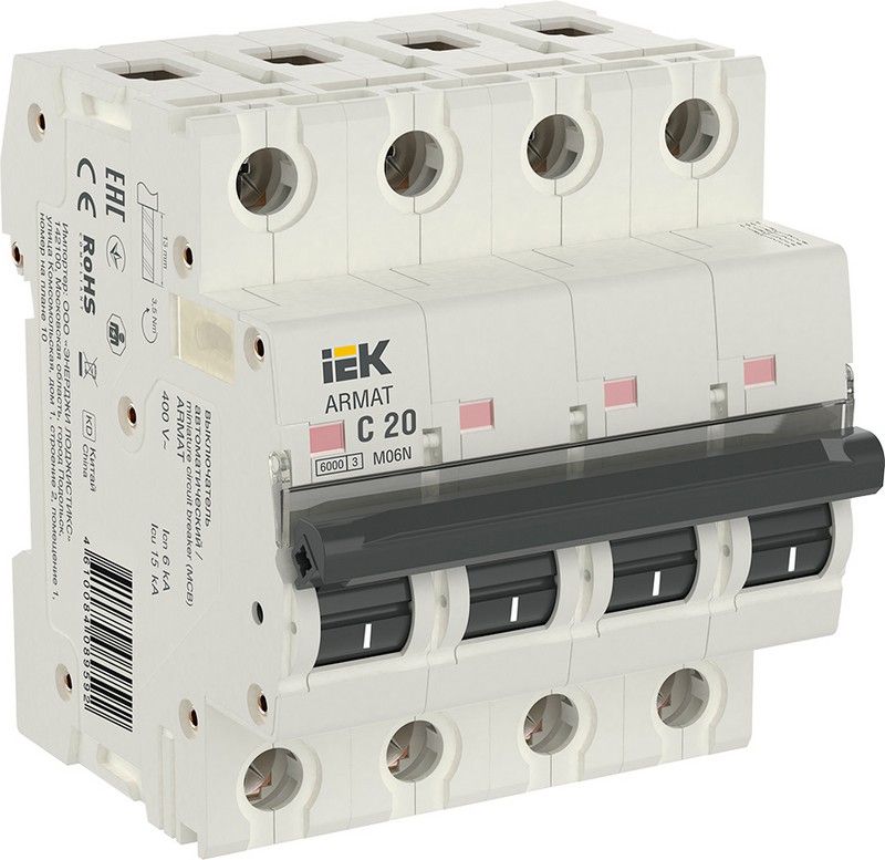 4 полюсные (четырехполюсные) Автоматический выключатель IEK ARMAT M06N 4P C 20А AR-M06N-4-C020