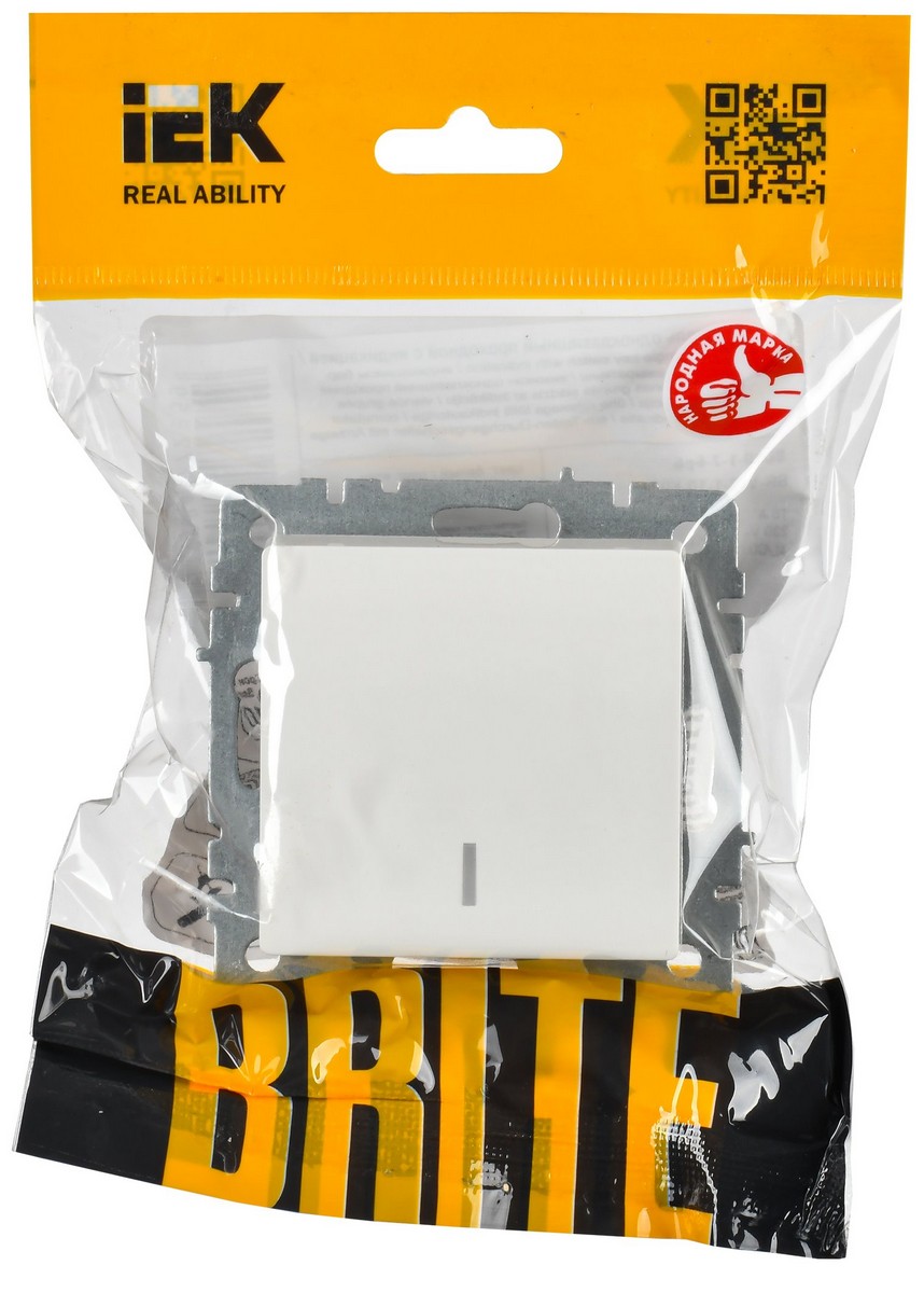 IEK Brite Белый Выключатель IEK BRITE BASE Белый 1-кл. прох. с инд. 10А ВС10-1-7-БрБ BR-V12-1-10-K01
