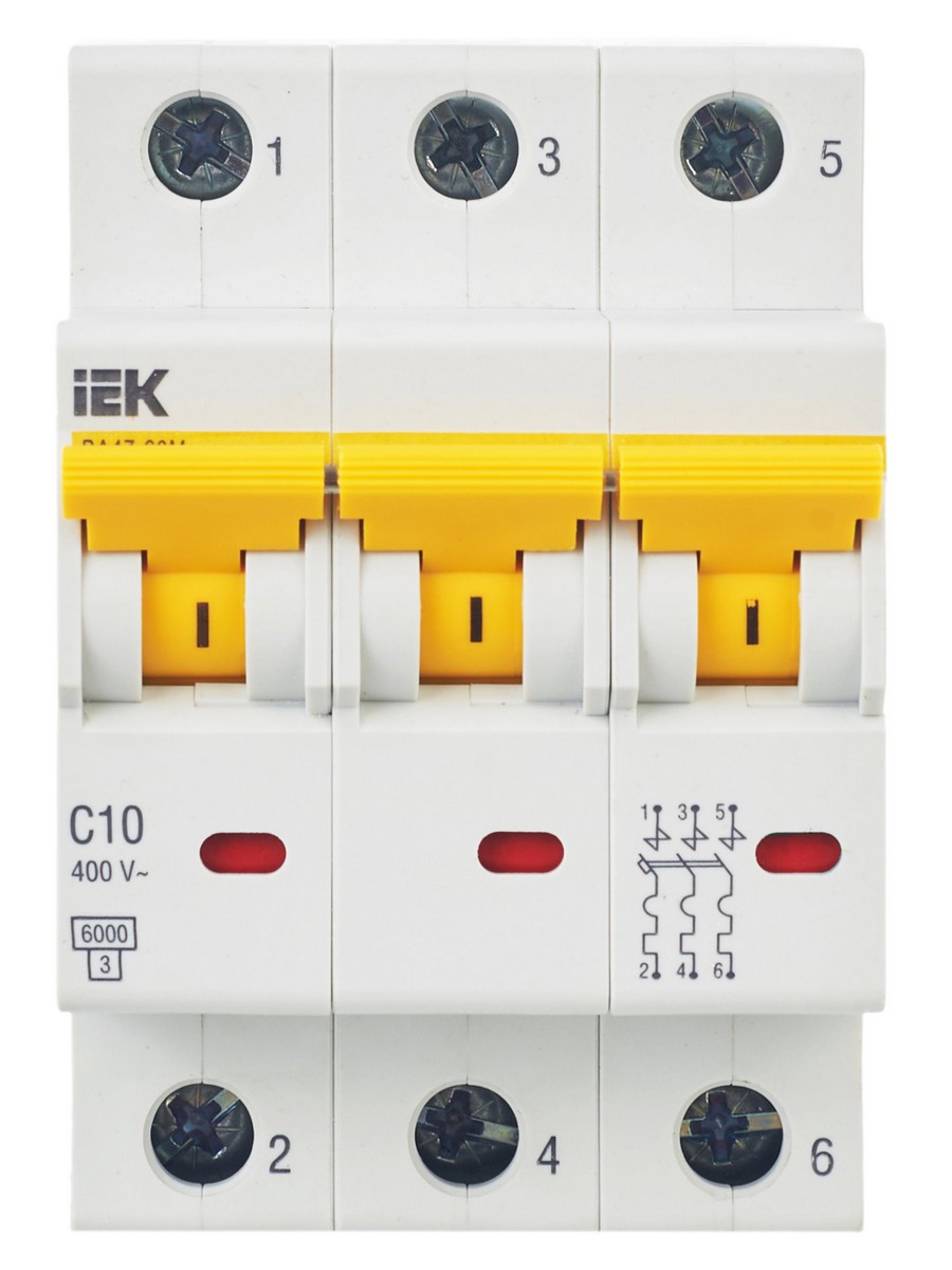 3 полюсные (трехполюсные) Автоматический выключатель IEK KARAT ВА47-60M 3Р 10А 6кА С MVA31-3-010-C 