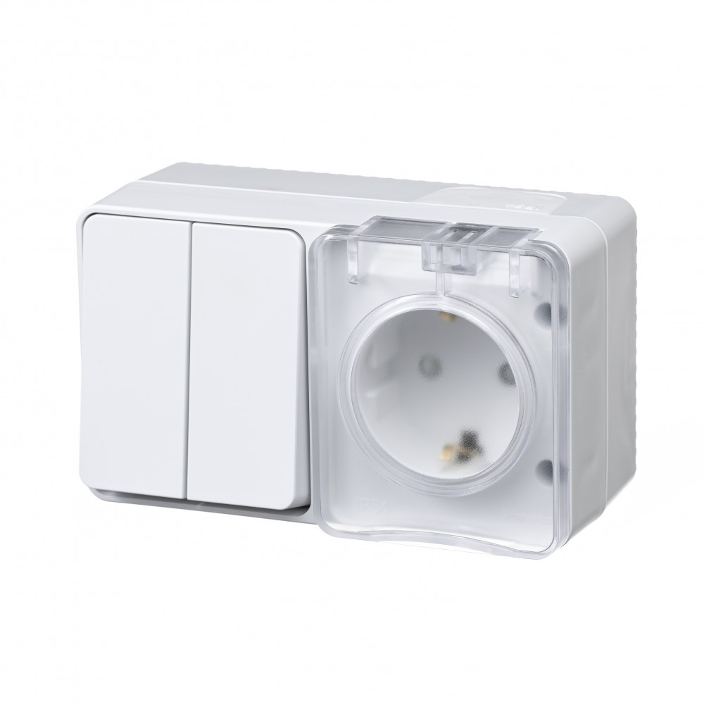 AtlasDesign Белый Блок розетка и выключатель Systeme Electric AtlasDesign Profi54 наружный Белый с/з со шт + 2-кл ATN5