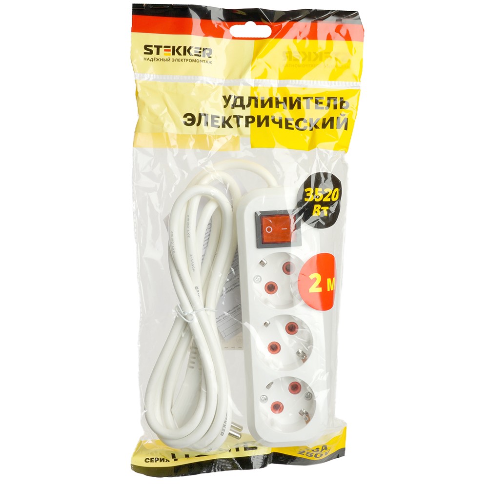 Колодки и удлинители, тройники Удлинитель STEKKER трехместный с/з с выключ. HM07-31-02 2м Home (У16А-002) белый 49353 