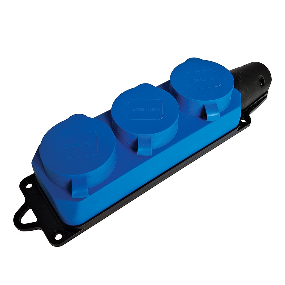 Колодки и удлинители, тройники Розетка переносная 3-местная с/з STEKKER RST16-23-44-4 каучук 250В 16А IP44 синий 49403 
