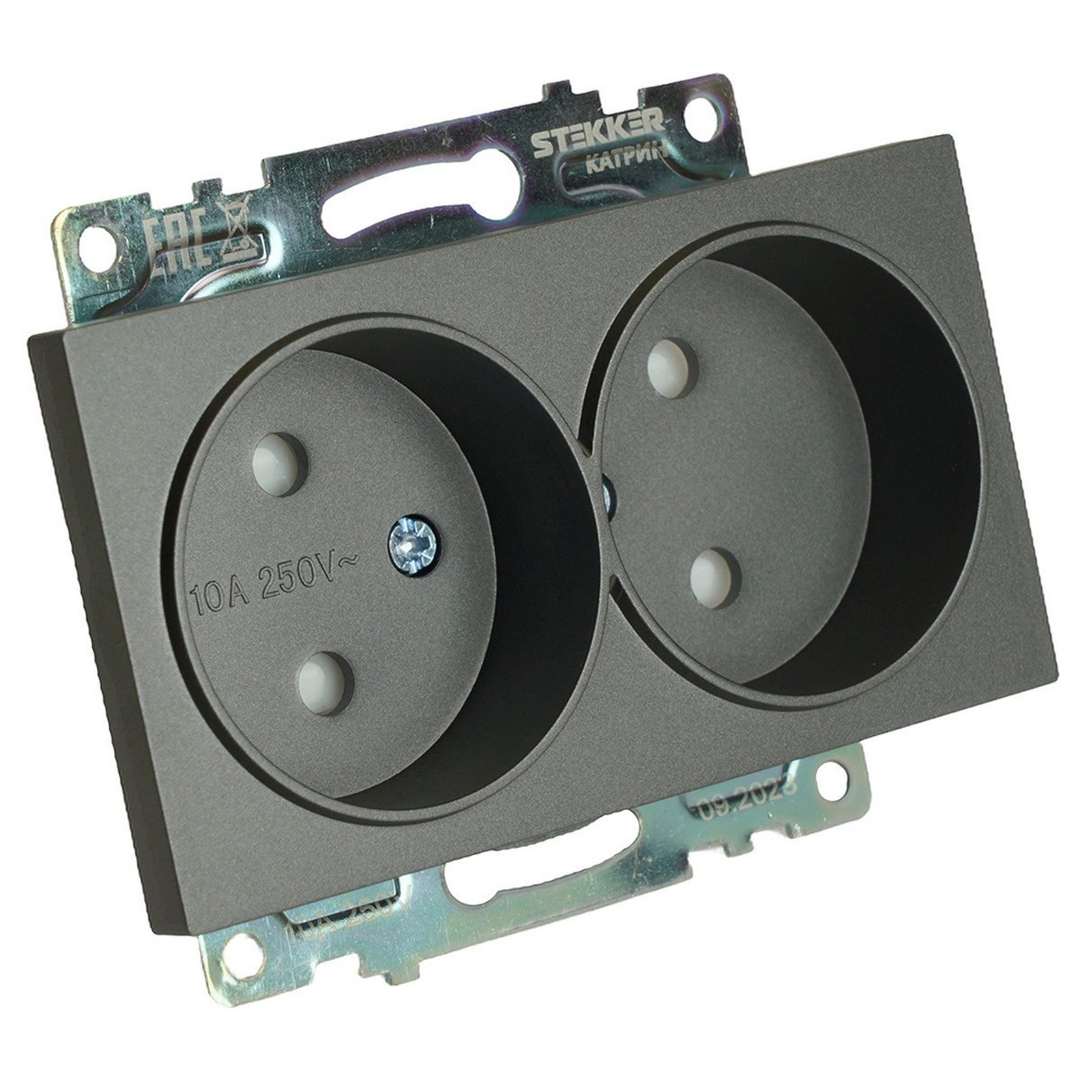Катрин - Розетки и выключатели Stekker Розетка 2-местная б/з STEKKER GLS10-7113-06 250V 10А с защ. шторкой Катрин графит 49421