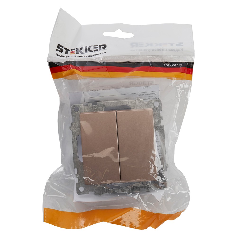 Катрин - Розетки и выключатели Stekker Выключатель 2-клавишный STEKKER GLS10-7104-02 250V 10А Катрин шампань 39592