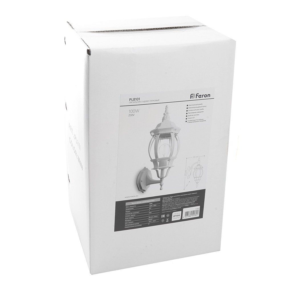 Уличные настенные светильники Светильник садово-парковый Feron PL8101 восьмигранный на стену вверх 100W E27 230V белый 11095 