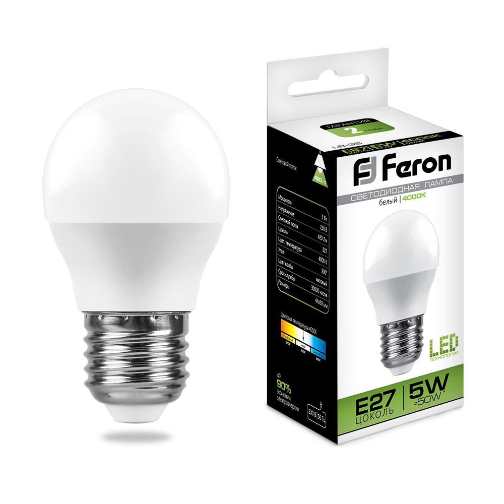 Лампа светодиодная Feron LB-38 E27 5W 4000K 230V 25405