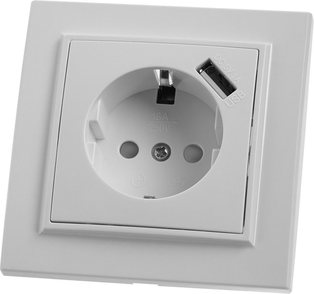 Эрна - Розетки и выключатели Stekker Розетка 1-местная с/з STEKKER PST16-9011-01 16А с защ. шторкой и с USB Эрна белый с рамкой 39051
