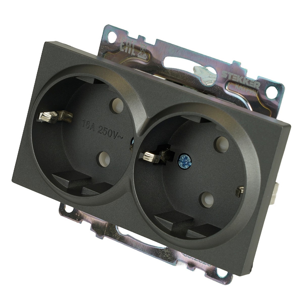 Катрин - Розетки и выключатели Stekker Розетка 2-местная с защитной шторкой STEKKER с/з  Катрин графит GLS16-7114-06 49425