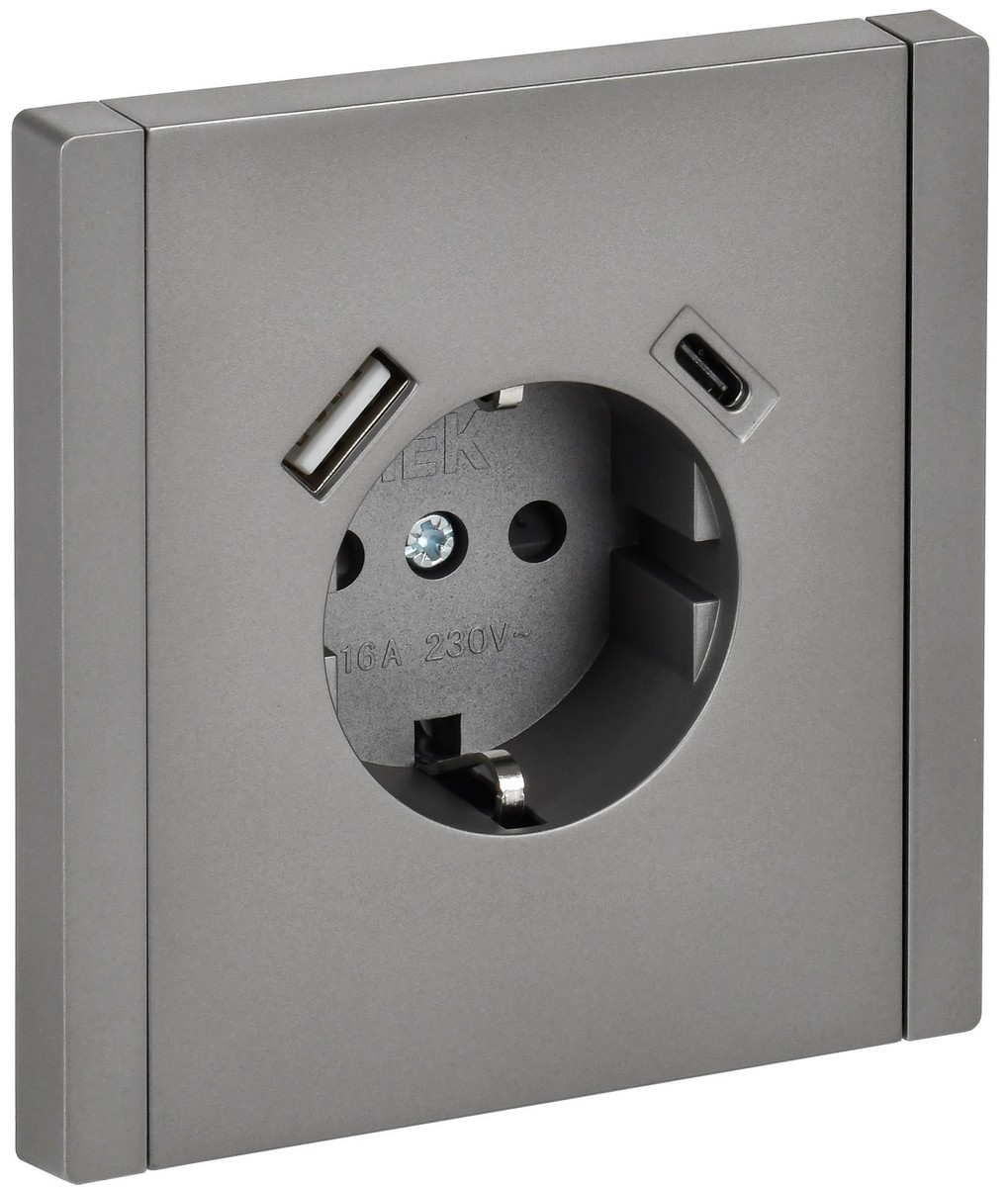 IEK FORTE&PIANO Сталь Розетка IEK FORTE&PIANO Сталь с/з со шт винтовое крепление 16А USB A+C 18Вт FP547