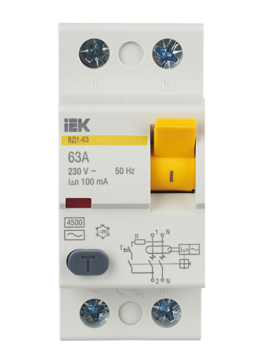 IEK Выключатель дифференциальный IEK KARAT ВД1-63 (УЗО) 2Р 63А 100мА MDV10-2-063-100 