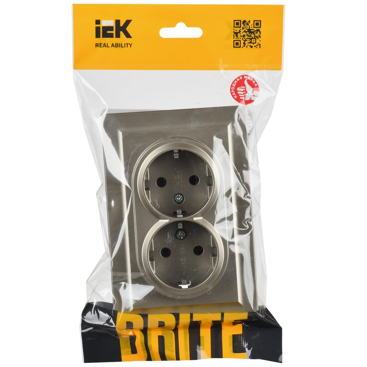 IEK Brite Шампань Розетка IEK BRITE 2-ая с/з без шторок 16А в сборе РС12-3-БрШ шампань BR-R21-16-K37-F