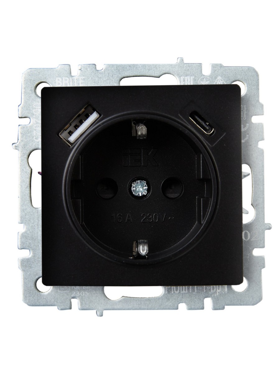 IEK Brite Черный Розетка IEK BRITE с с/з и шторками 16А с USB A+C 18Вт РЮш11-1-БрЧ черный BR-R14-16-U22-018-K02