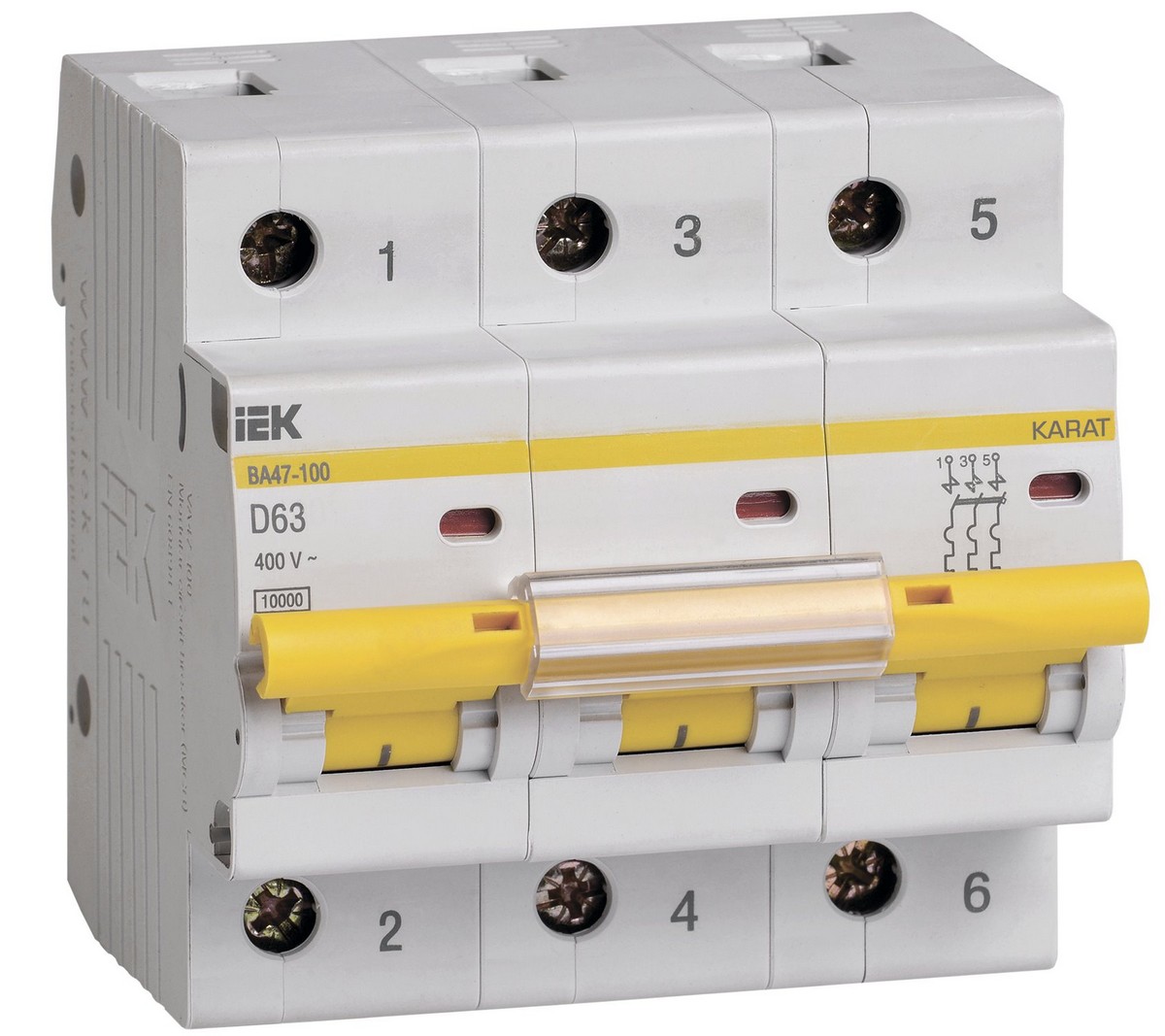 3 полюсные (трехполюсные) Автоматический выключатель IEK KARAT ВА47-100 3Р 63А 10кА х-ка D MVA40-3-063-D 