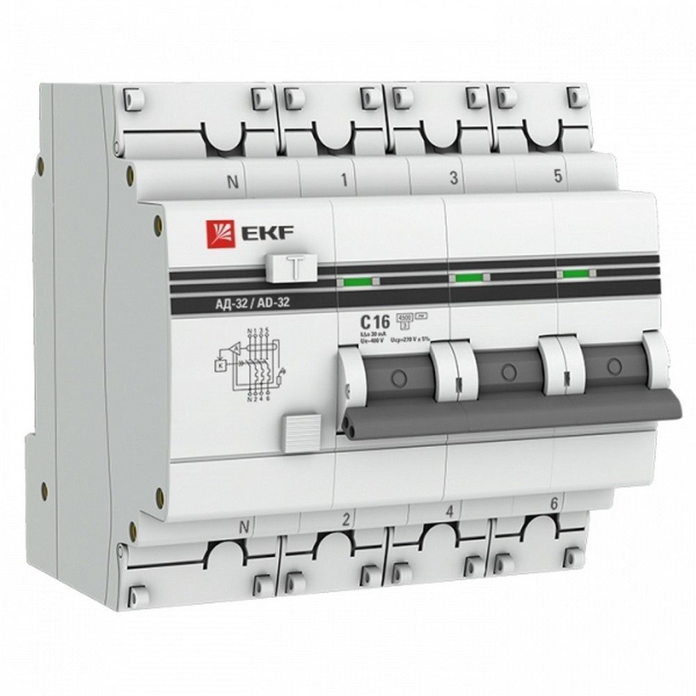 EKF Дифавтомат EKF PROxima АД-32 (C) 3P+N 16А/30мА тип АС 4,5кА электронный DA32-16-30-4P-pro 