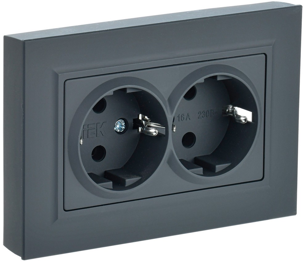 IEK Brite Графит Розетка IEK BRITE 2-ая с/з с шторками 16А в сборе РСш12-3-БрГ графит BR-R24-16-K53-F