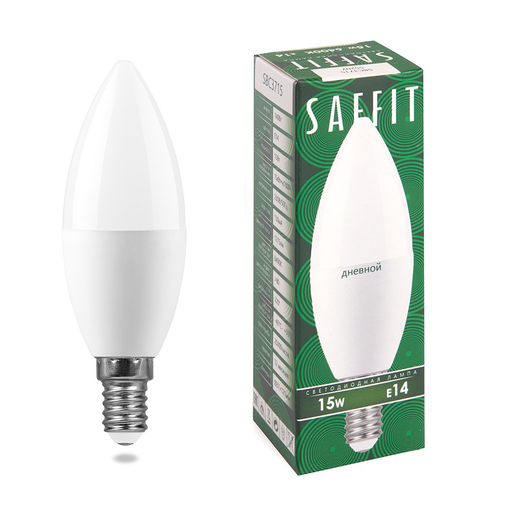 E14 Лампа светодиодная SAFFIT SBC3715 Свеча E14 15W 6400K 55207 