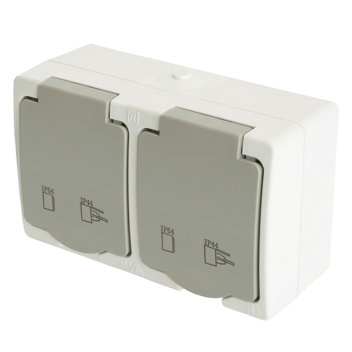 Накладные розетки и выключатели Stekker Розетка STEKKER 2-местная с крышкой с/з STEKKER PST16-22-54 пластик АВS 250В 16А IP54 белый/серый 49730