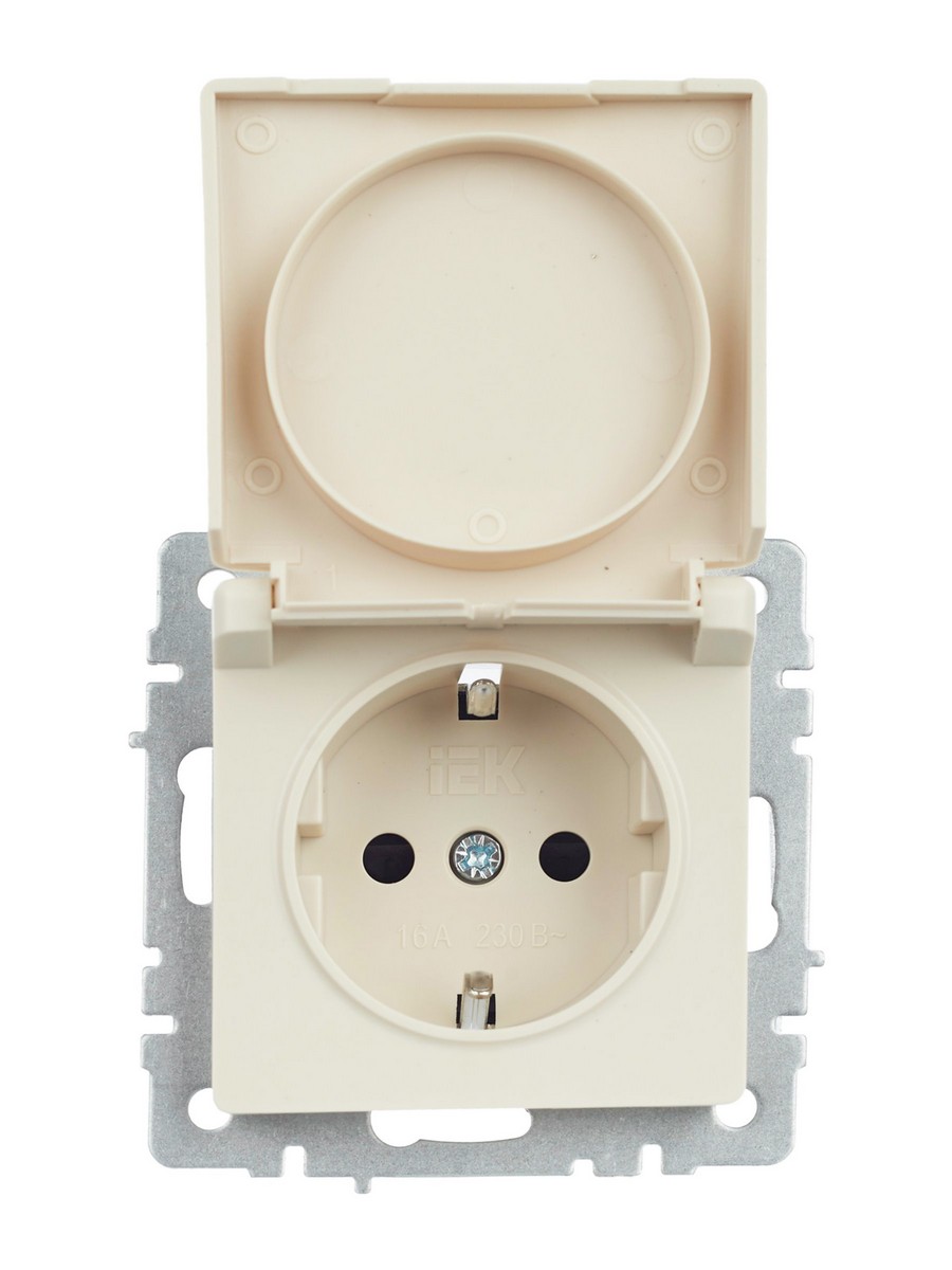 IEK Brite Бежевый Розетка IEK BRITE с/з с шторками и крышкой 16А IP44 РСбш10-3-44-БрКр бежевый BR-R16-16-44-K10