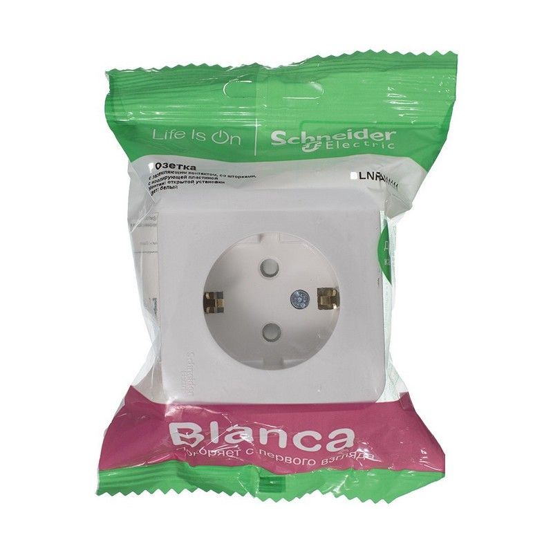 Blanca белые розетки и выключатели Розетка SE Blanca с/з Белый наружный со шторками изолир. пластина BLNRA011111