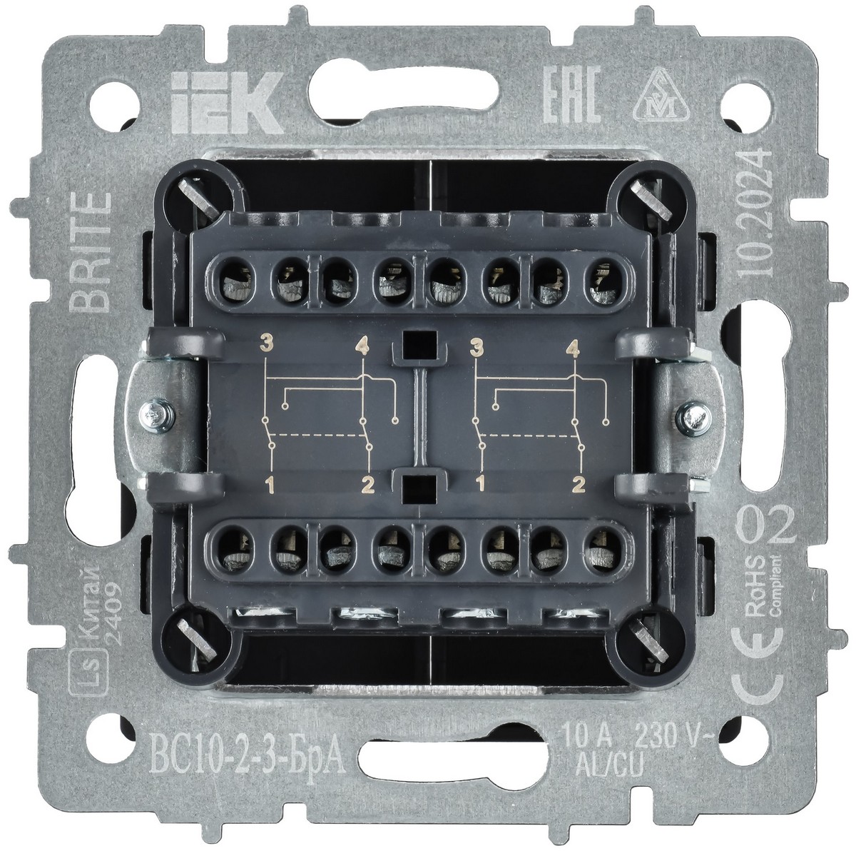 IEK Brite Алюминий Выключатель IEK BRITE Алюминий 2-кл. перекрестный 10А ВС10-2-3-БрА