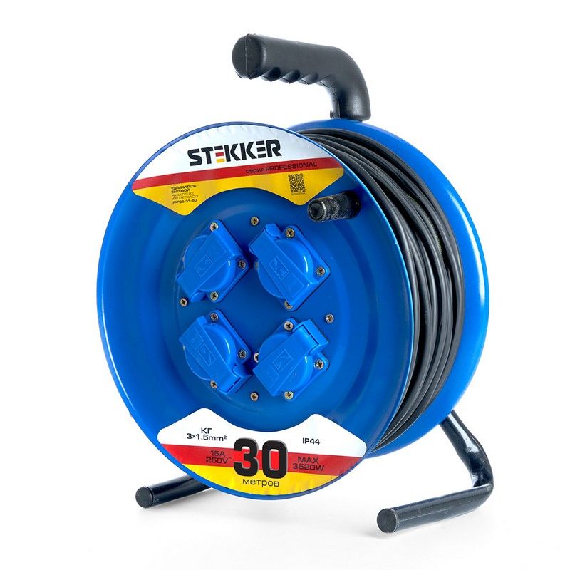 Колодки и удлинители, тройники Удлинитель на металлической катушке с/з 4-м Stekker PRF02-31-30 30м 3*15 серия Professional 39786 
