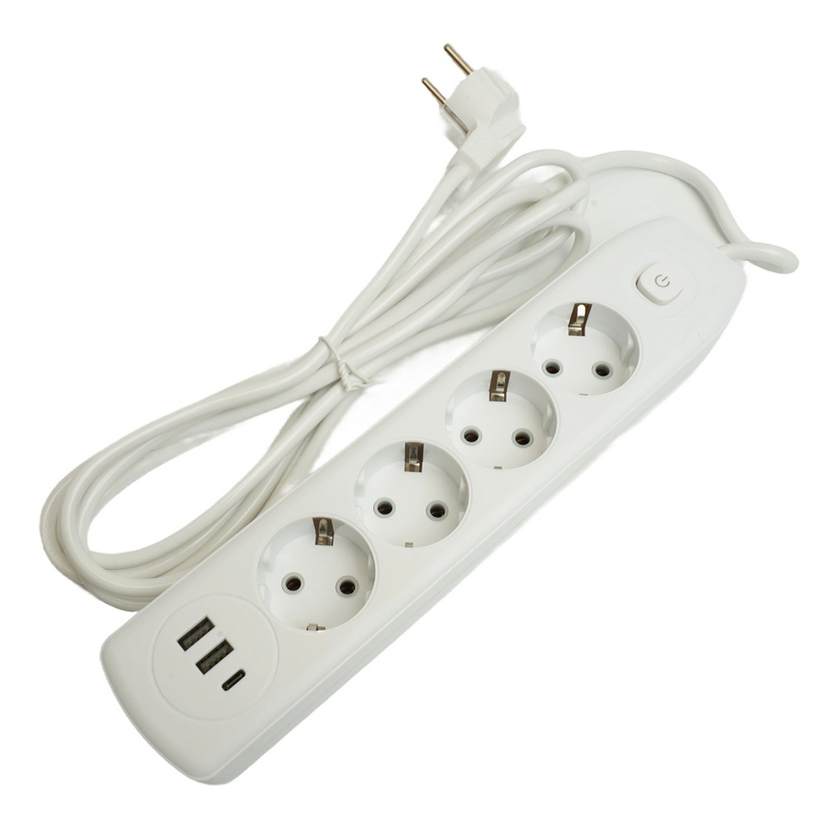 Колодки и удлинители, тройники Удлинитель STEKKER HM08-43-02 4-местный c/з 3x1 мм2 3 м 2USB+1Type-C 2,4А Home белый 49978 