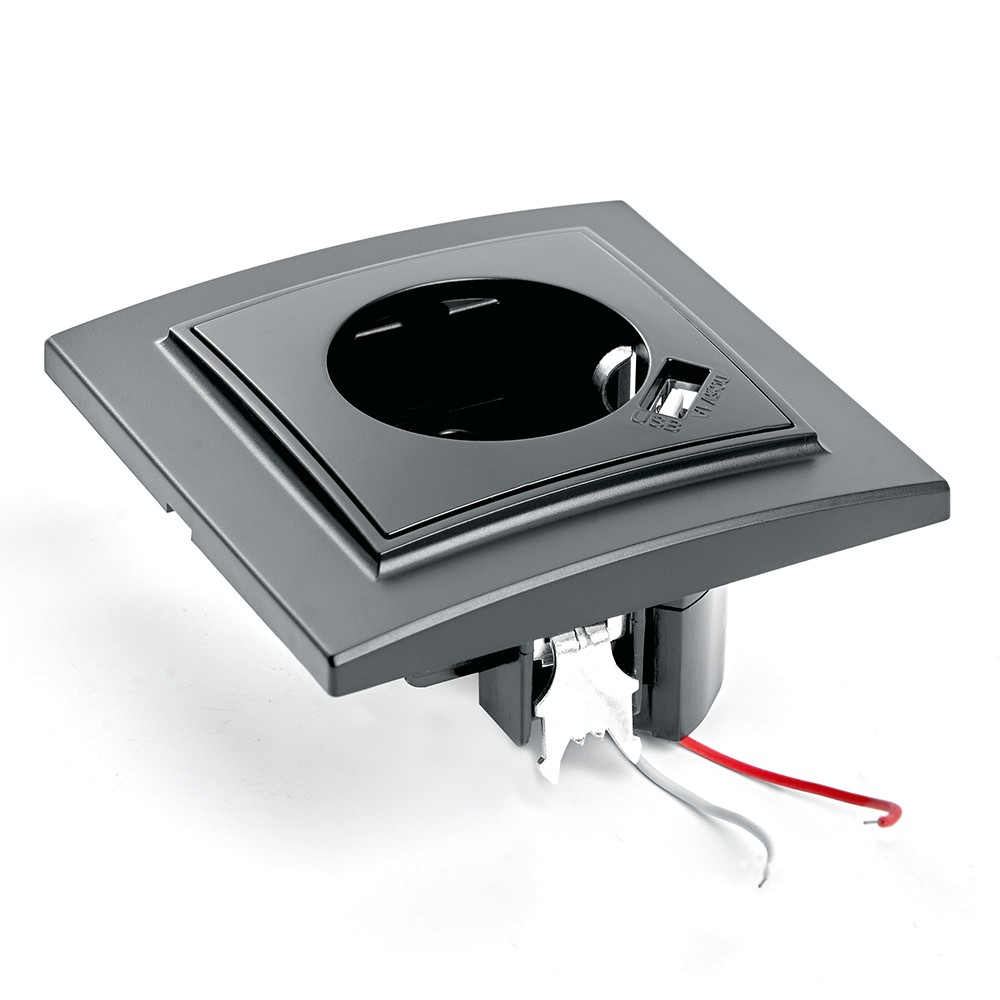 Эрна - Розетки и выключатели Stekker Розетка 1-местная c/з и с USB STEKKER PST16-9011-03 16А с защ. шторкой Эрна черный с рамкой 39480