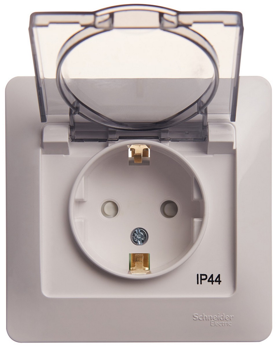 Glossa Белый Розетка Systeme Electric Glossa Белый с/з со шторками с крышкой, IP44 (в с GSL000148