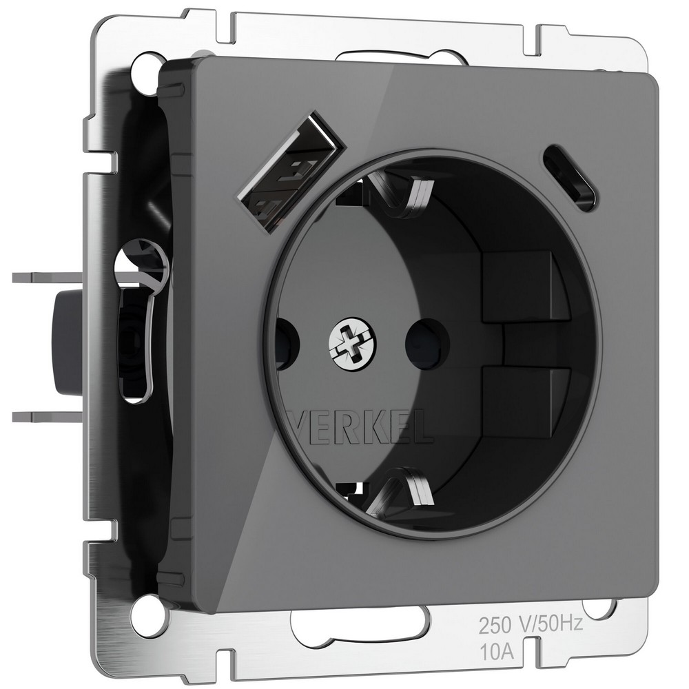Werkel Графит акрил Розетка Werkel с заземлением, шторками и USB тип A+C (графит акрил) W11717440