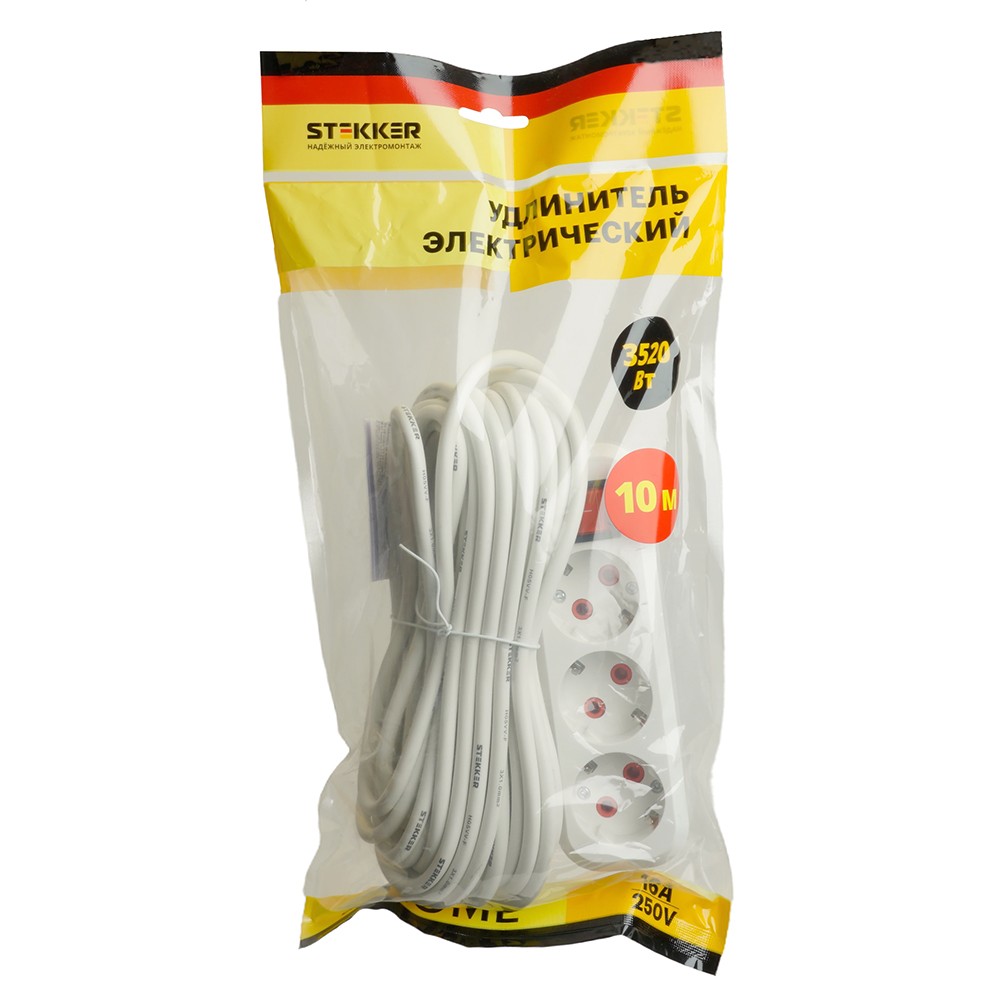 Колодки и удлинители, тройники Удлинитель STEKKER трехместный с/з с выключ. HM07-31-10 10м Home (У16А-002) белый 49357 