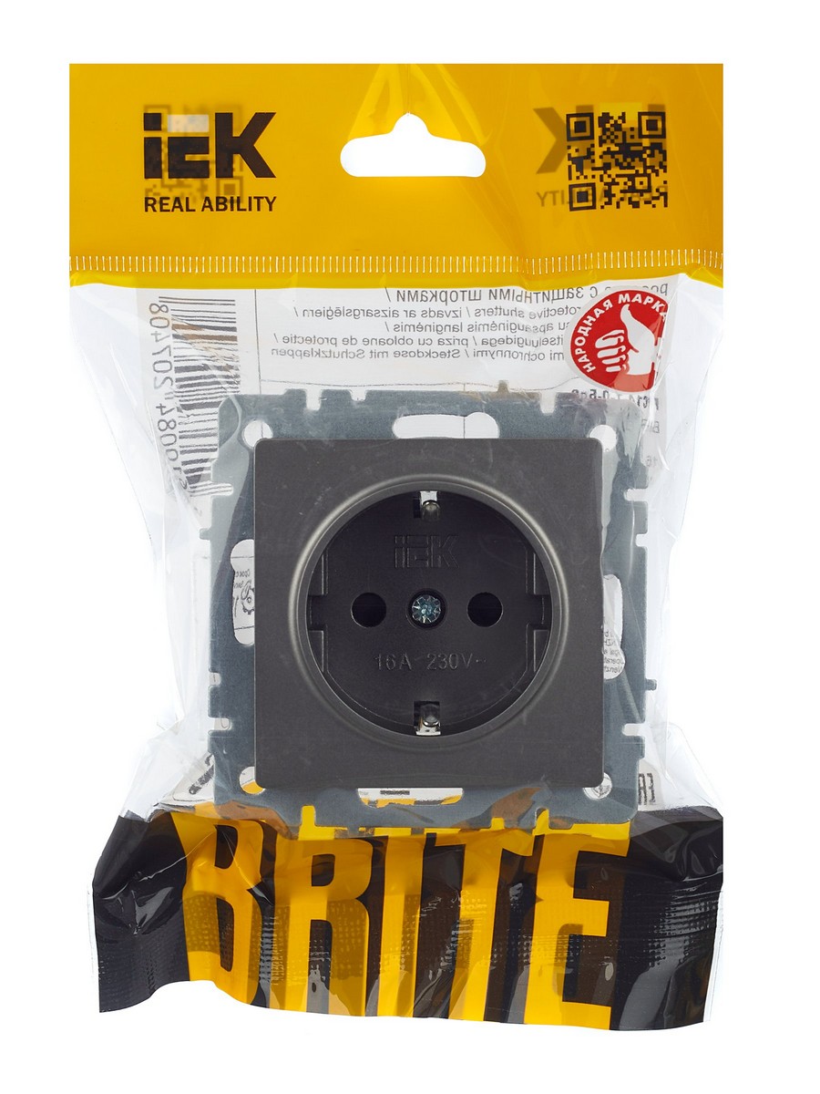IEK Brite Сталь Розетка IEK BRITE с/з с шторками 16А РС14-1-0-БрС сталь BR-R14-16-K46