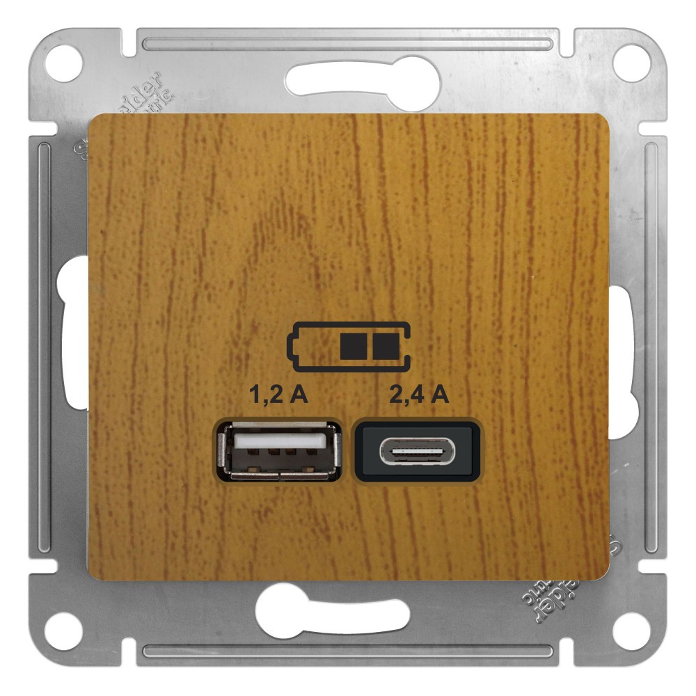 Glossa Дуб Розетка USB Systeme Electric Glossa Дерево Дуб A+С, 5В/2,4А, 2х5В/1,2А GSL000539