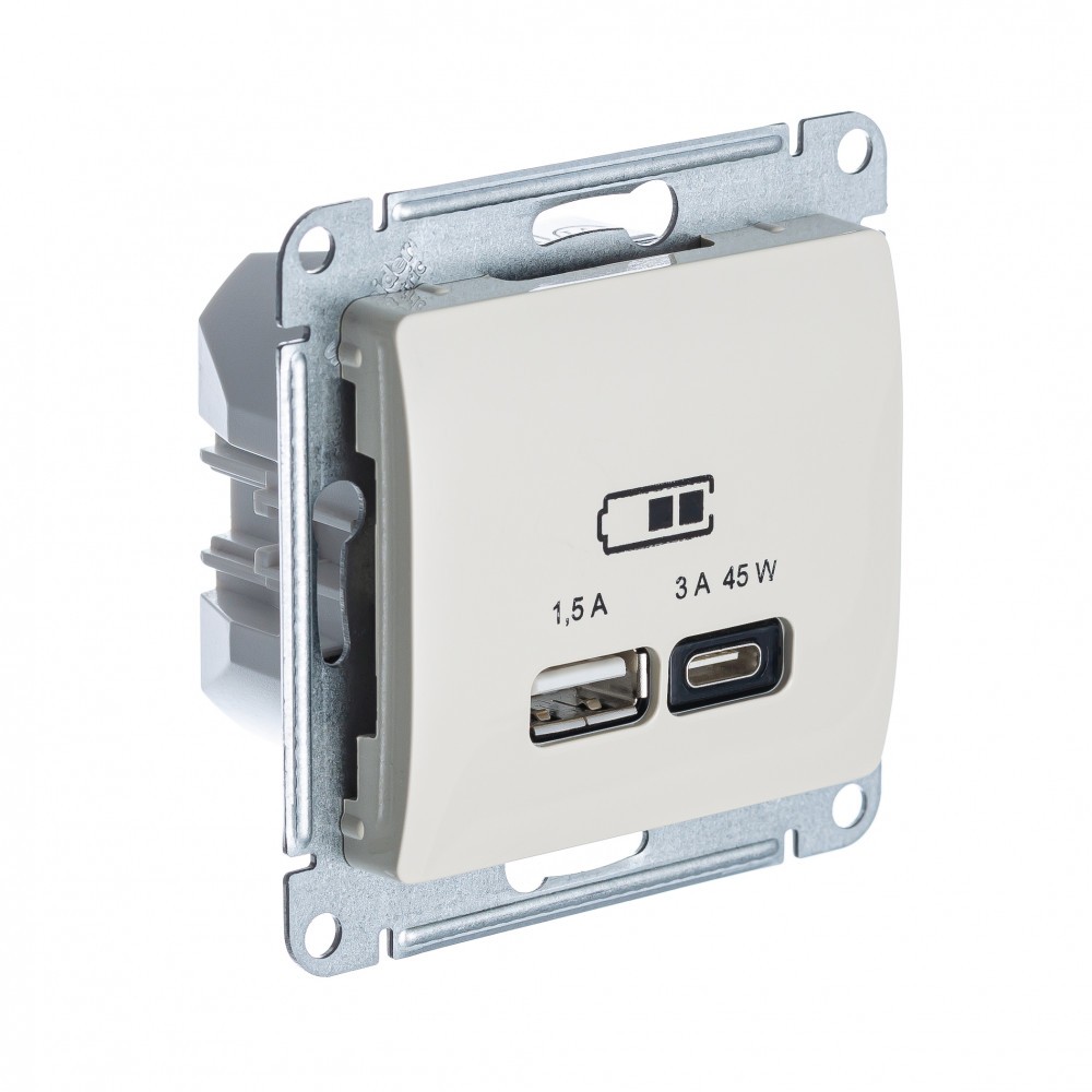 Glossa Молочный Розетка USB Systeme Electric Glossa Молочный A + тип-C 45W высокоскор.заряд. QC, PD, мех. GSL000929