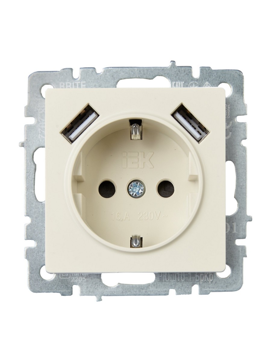 IEK Brite Бежевый Розетка IEK BRITE с с/з и шторками 16А с USB A+A 2,1А РЮш10-1-БрКр бежевый BR-R14-16-U21-D21-K10
