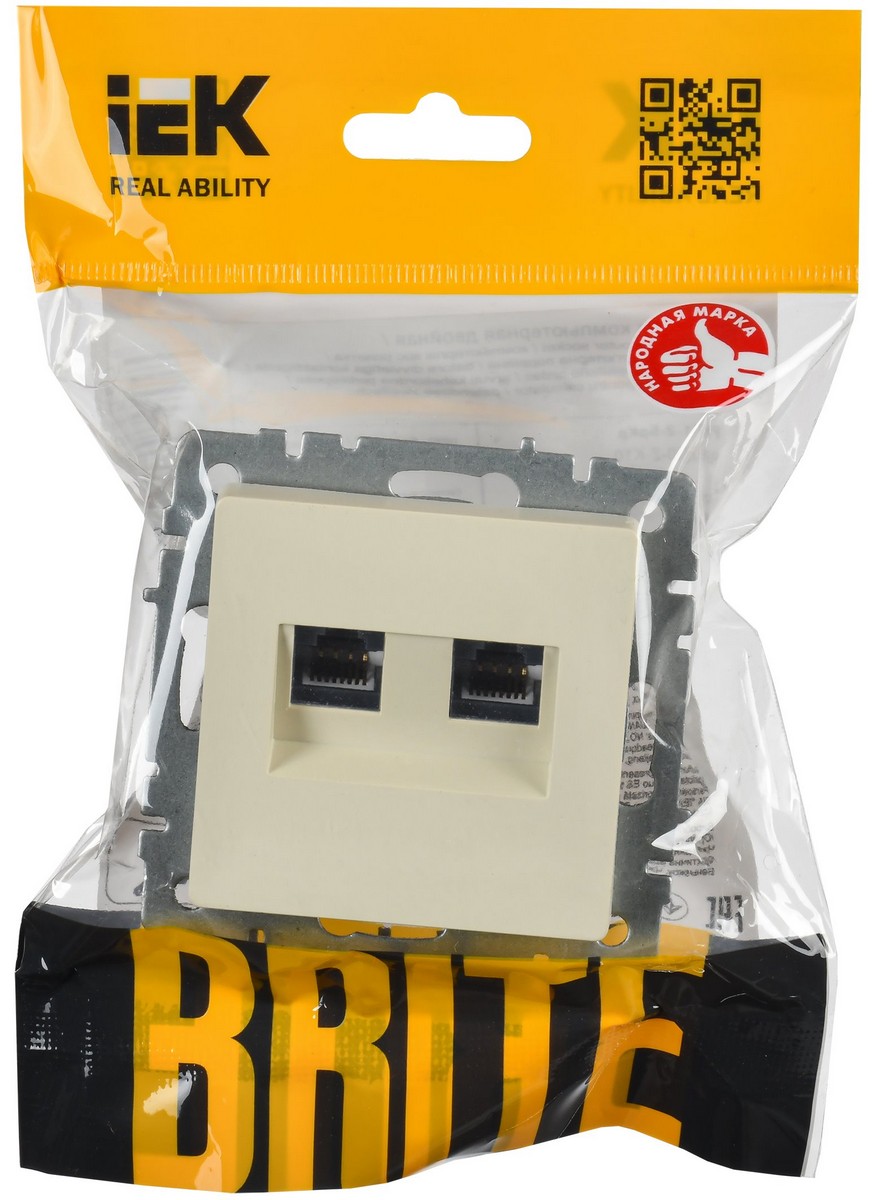 IEK Brite Бежевый Розетка компьютерная IEK BRITE BASE Бежевый 2-ая RJ45 кат.6 РК11-2-БрКр BR-K20-2-K10