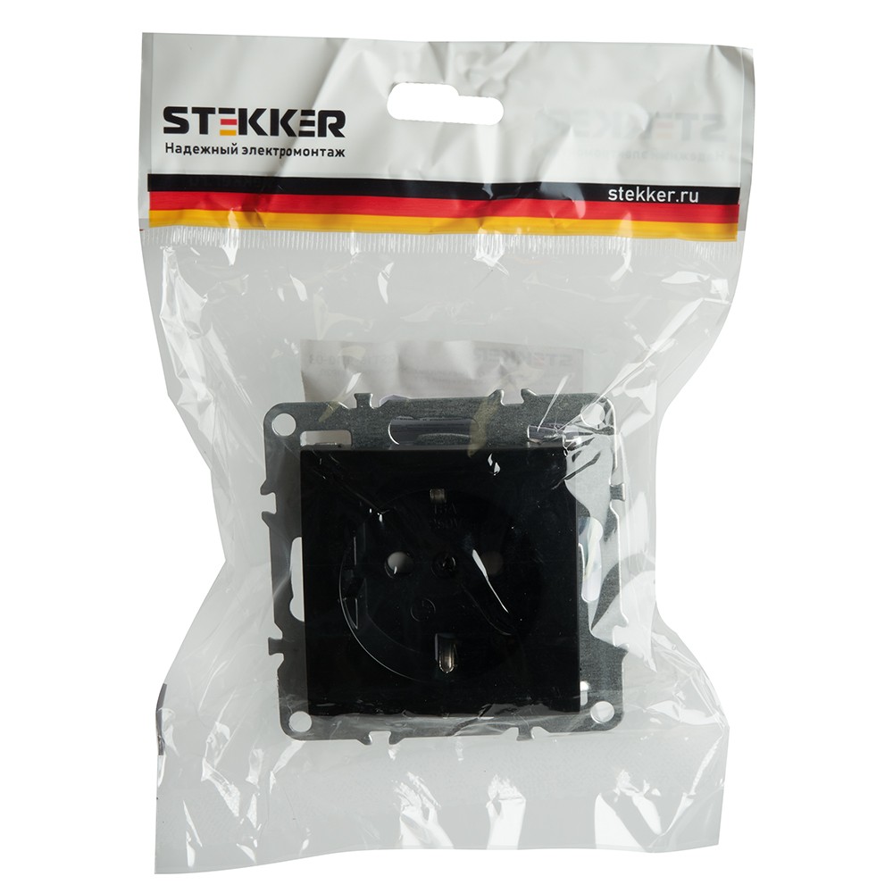 Эрна - Розетки и выключатели Stekker Розетка 1-местная c/з STEKKER PST16-9110-03 16А с защ. шторкой Эрна черный 49154