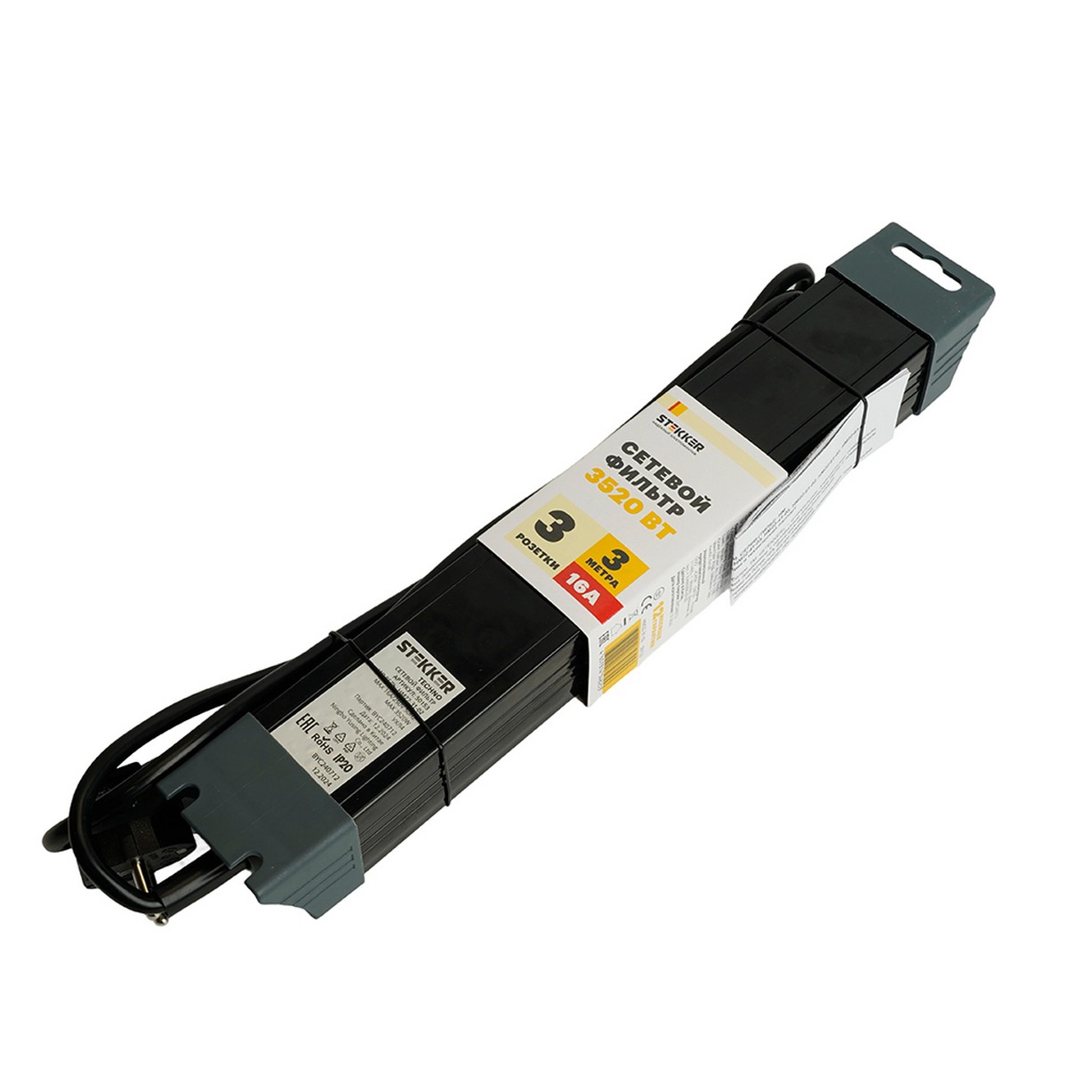 Колодки и удлинители, тройники Сетевой фильтр 3-местный с/з STEKKER HM22-31-03 3 м Techno черный 50154 