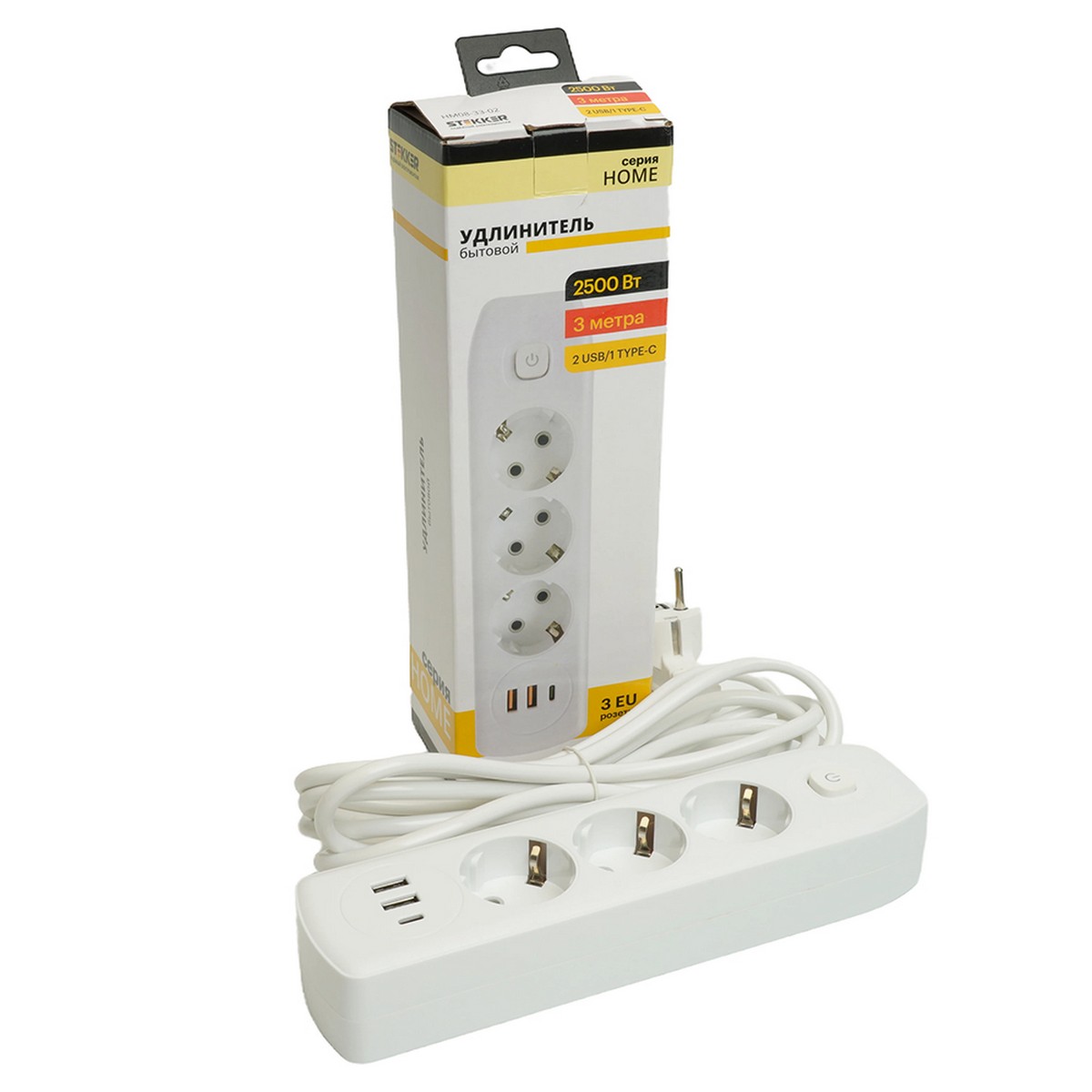 Колодки и удлинители, тройники Удлинитель STEKKER HM08-33-02 3-местный c/з 3x1 мм2 3 м 2USB+1Type-C 2,4А Home белый 49977 