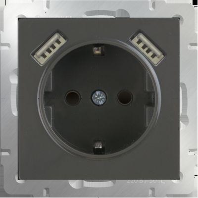 Werkel Серо-коричневый механизмы Розетка с заземлением, Werkel шторками и USBх2 серо-коричневый WL07-SKGS-USBx2-IP20