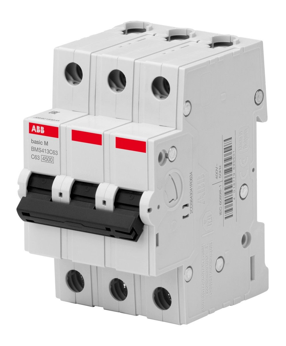 3 полюсные (трехполюсные) Автоматический выключатель ABB Basic M 3P 10A тип C 4,5 kA BMS413C10 