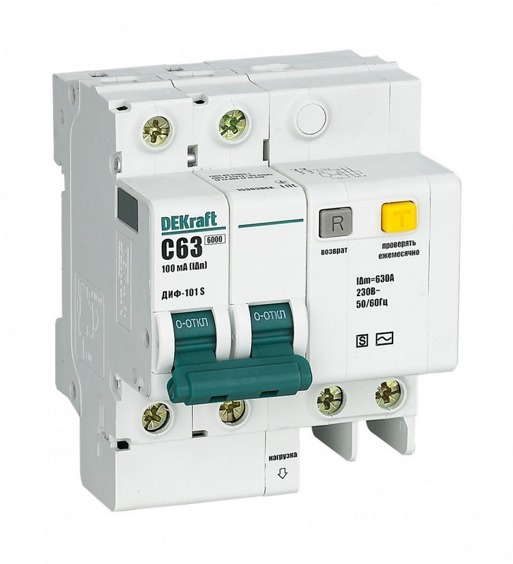 DEKraft Дифференциальный автомат DEKraft АВДТ 2P 63A 100мА селективный ДИФ-101 S 15304DEK