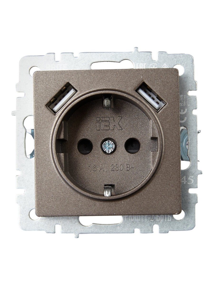 IEK Brite Бронза Розетка IEK BRITE с с/з и шторками 16А с USB A+A 3,1А РЮш10-2-БрТБ бронза BR-R14-16-U21-D31-K45