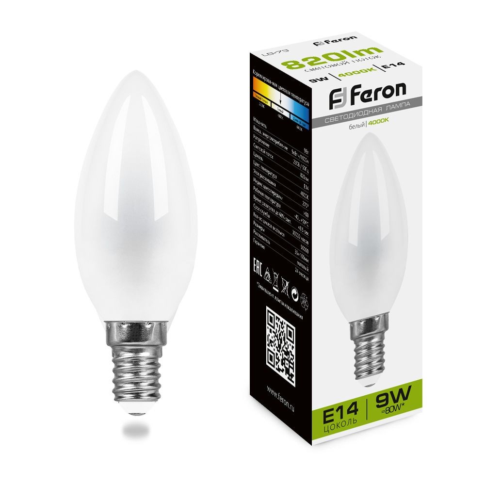 E14 Лампа светодиодная Feron LB-73 Свеча E14 9W 4000K 25957 