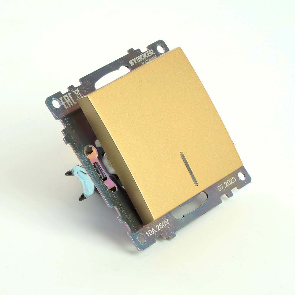 Катрин - Розетки и выключатели Stekker Выключатель 1-клавишный c индикатором STEKKER GLS10-7101-08 10А Катрин золото 49215