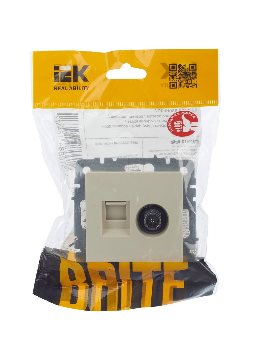IEK Brite Бежевый Розетка IEK BRITE двойная TV+RJ45 кат.5E РТВ/РК12-БрКр бежевый BR-AK20-1-K10
