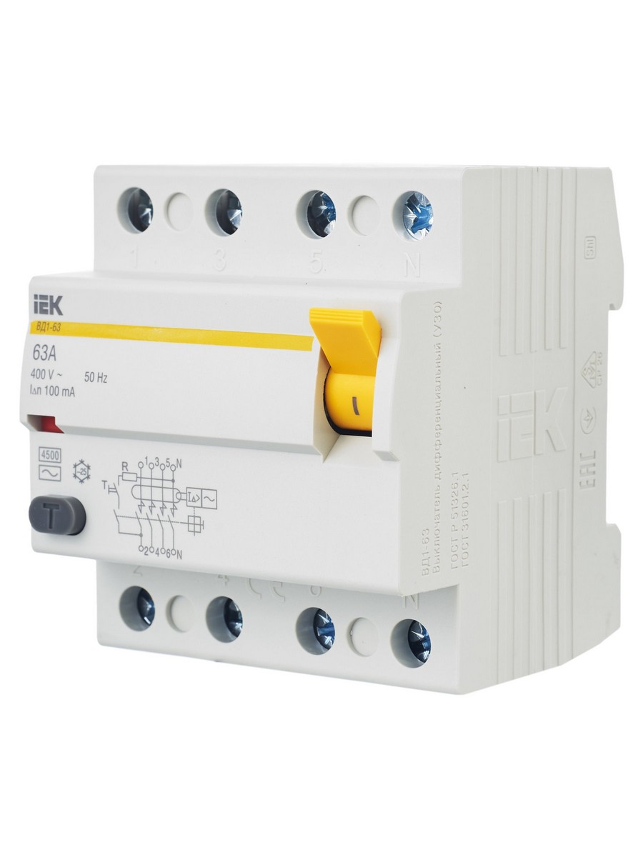 IEK Выключатель дифференциальный IEK KARAT ВД1-63 (УЗО) 4Р 63А 100мА MDV10-4-063-100 