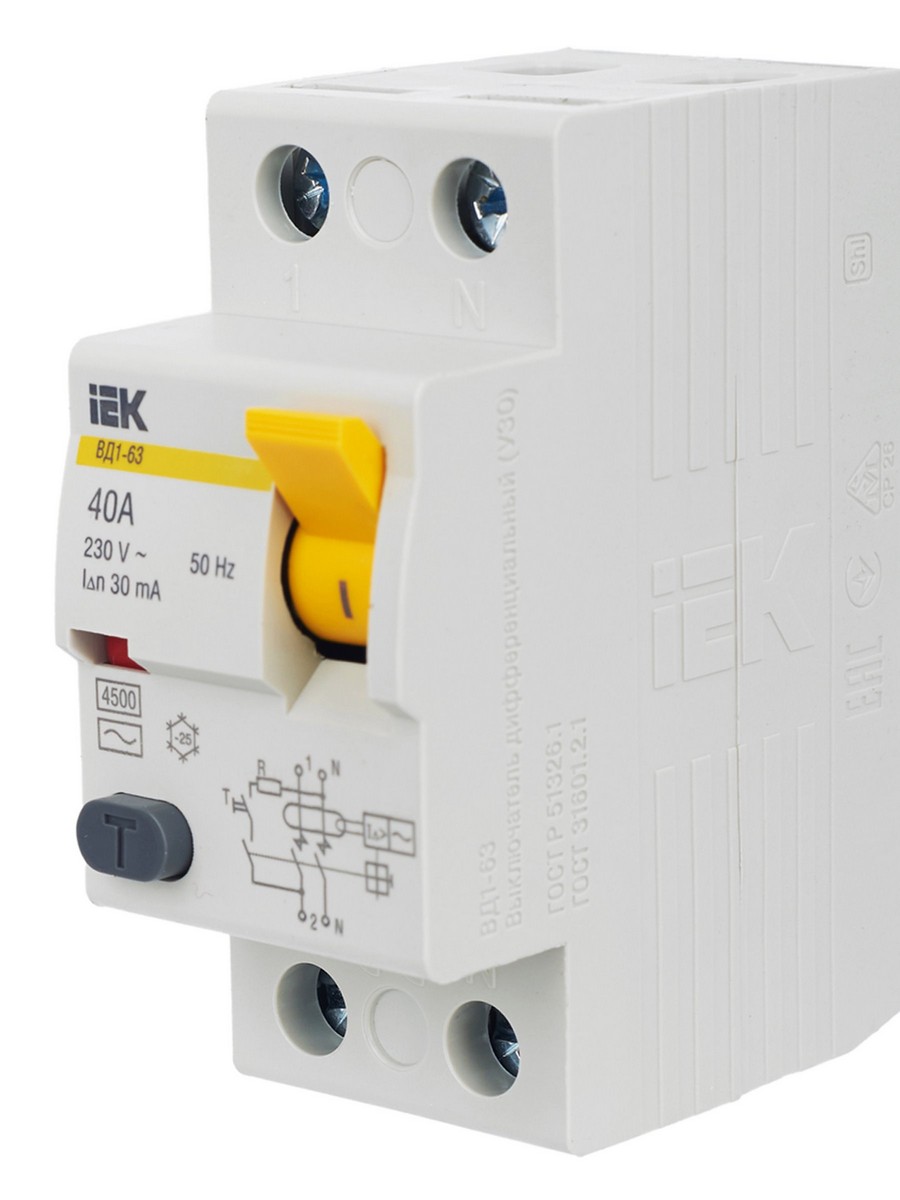 IEK Выключатель дифференциальный IEK KARAT ВД1-63 (УЗО) 2Р 40А 30мА MDV10-2-040-030 