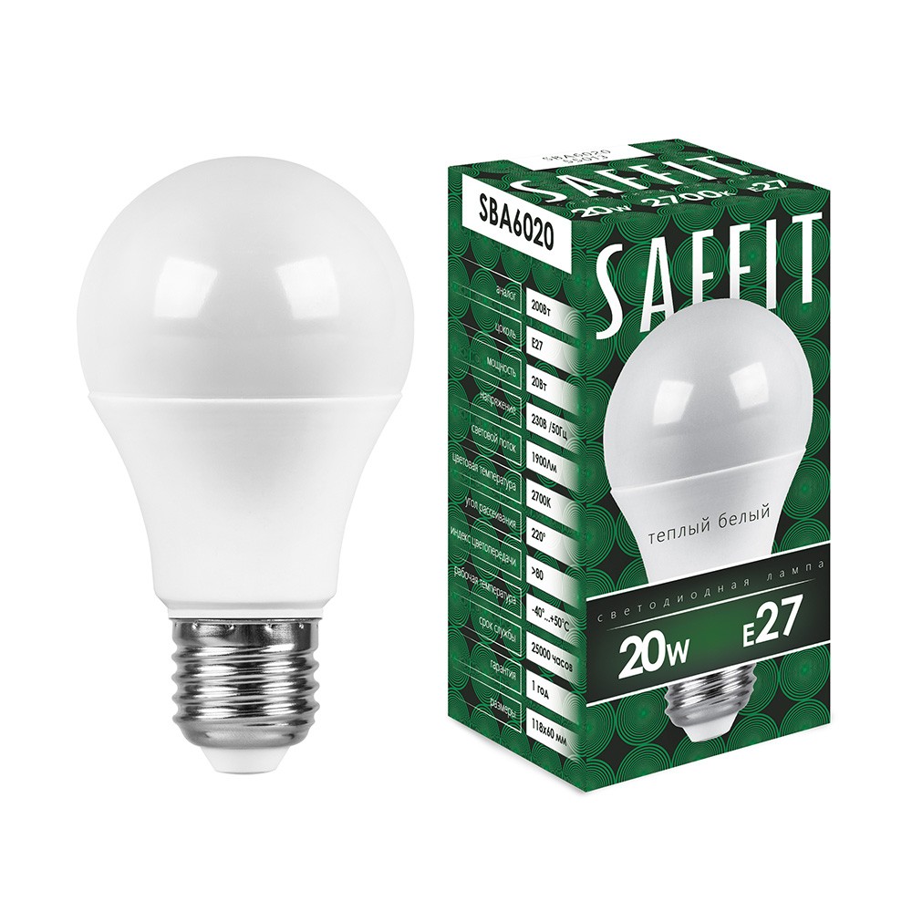 E27 Лампа светодиодная SAFFIT SBA6020 Шар E27 20W 2700K 55013 