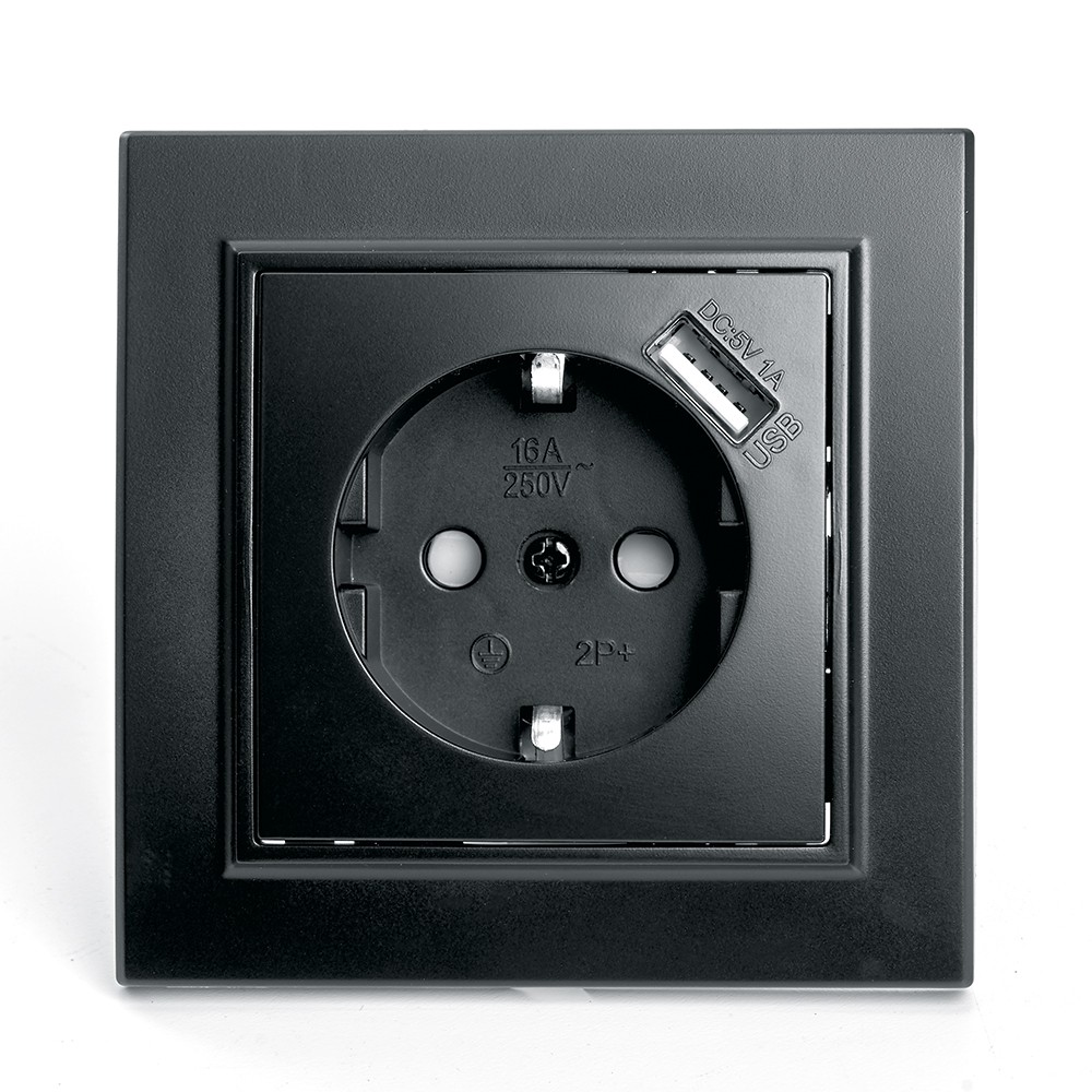Эрна - Розетки и выключатели Stekker Розетка 1-местная c/з и с USB STEKKER PST16-9011-03 16А с защ. шторкой Эрна черный с рамкой 39480